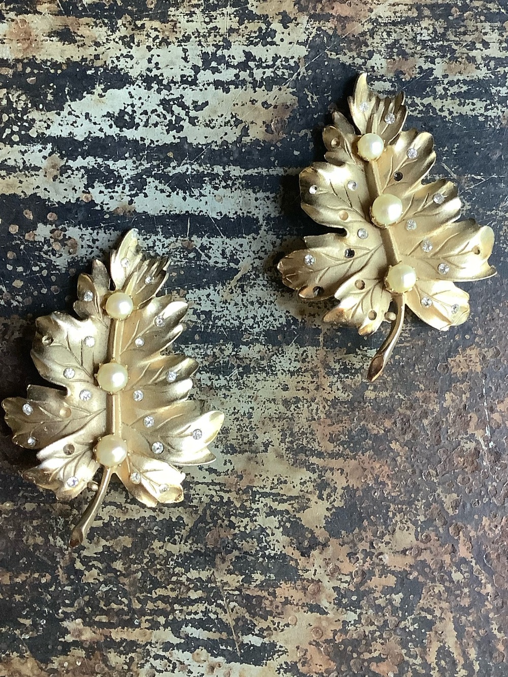 Vintage Pair of CORO Pins - Leaf Rhinestone and Faux Pearls